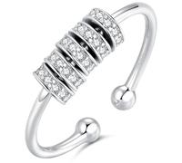 Bfuebur 925 Sterling Silver Anxiety Rings, Cubic Zircon Adjustable Open Fidget Rings, Stress Spinner Rings with Beads, Women Rings with Gift Box