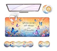 BFUKVOU Large Keyboard Mouse Pad Set, Extended Mouse Pad+Keyboard Wrist Rest Support, Memory Foam Ergonomic Easy Typing, 4Pcs (31.5×11.8 in) Desk Pad Set for Office Home,Bible Verse Flower Butterfly