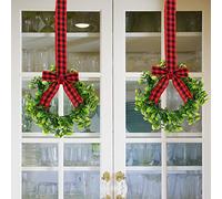 BFYDOAA 2pcs Kitchen Cabinet Wreaths Small Christmas Boxwood Wreaths Hanging Ribbon Bow Greenery Wreaths for Farmhouse Festival Chair Door Railing