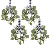 BFYDOAA 4Pcs Faux Kitchen Cabinet Wreaths Small Christmas Green Eucalyptus Wreath with Plaid Ribbon Bow for Holiday Kitchen Cabinet Door