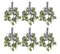 BFYDOAA 6Pcs Faux Kitchen Cabinet Wreaths Small Christmas Green Eucalyptus Wreath with Plaid Ribbon Bow for Holiday Kitchen Cabinet Door
