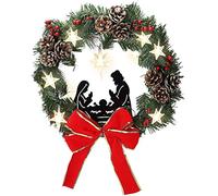 BFYDOAA Lighted Christmas Wreath Nativity Scene PVC Pine Needle Wreath W/Berry Pine Cones for Xmas Front Door Holy Family Decor