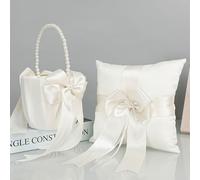 BFYDOAA Ring Bearer Pillow and Flower Girl Basket Set for Wedding - 7"x7" White Satin Wedding Ring Cushion Pearl Handle Flower Girl Baskets(Set)