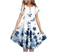 BFYSFBAIG Girls Summer Dresses Tie Dye Double Layer Flutter Sleeve Flowy A-Line Sun Dress Casual Gradient Midi Dresses for 6-15 Years, Birthday Party & Daily Wear (ZZ-3-Blue 14-15 Years)