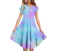 BFYSFBAIG Girls Summer Dresses Tie Dye Double Layer Flutter Sleeve Flowy A-Line Sun Dress Casual Gradient Midi Dresses for 6-15 Years, Birthday Party & Daily Wear (ZZ-6-Blue 8-9 Years)
