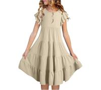 BFYSFBAIG Girls Summer Dresses Tie Dye Double Layer Flutter Sleeve Flowy A-Line Sun Dress Casual Gradient Midi Dresses for 6-15 Years, Birthday Party & Daily Wear (ZZ-2-Khaki 10-11 Years)