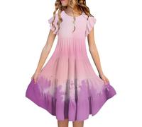 BFYSFBAIG Girls Summer Dresses Tie Dye Double Layer Flutter Sleeve Flowy A-Line Sun Dress Casual Gradient Midi Dresses for 6-15 Years, Birthday Party & Daily Wear (ZZ-6-Purple 6-7 Years)