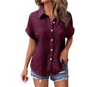 BFYSFBAIG Linen Blouses Tops for Women UK Cap Sleeve Button Down Tunic Tops Casual Summer Loose Fit Collared & Oversized Shirts (C-Wine,L)