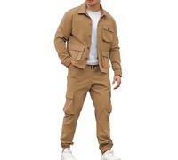 BFYSFBAIG Men's Slim Fit Cargo Jacket & Pants Set - Tailored Design, Breathable Fabric with Pockets for Winter Casual Wear, Work Clothing or Tracksuit S A-1-Khaki