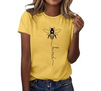 BFYSFBAIG Women's Bee Graphic Kind Letter Print T-Shirt, Short Sleeve Tee, Crew Neck, Ladies Casual Blouse, Summer Top, Solid Color, Regular Fit, Stylish (Yellow, M)