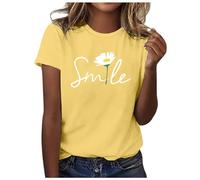 BFYSFBAIG Women's Letter Print T-Shirt, Short Sleeve, Crew Neck, Ladies Casual Blouse, Summer Top, Solid Color, Regular Fit, S-XXL (ZZ - Yellow,XL)