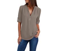 BFYSFBAIG Women's V-Neck Chiffon Blouse, Mesh Tunic Top with 1/2 Button Sleeves, Plus Size, Casual Elegant, for Home Casual Work Formal (A-1-Grey, XL)