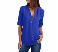 BFYSFBAIG Women's V-Neck Chiffon Blouse, Mesh Tunic Top with 1/2 Button Sleeves, Plus Size, Casual Elegant, for Home Casual Work Formal (A-2-Blue, M)