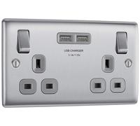 Nexus Metal Brushed Steel Double Switched 13A Power Socket With Usb Charging - 2X Usb Sockets (3.1A) NBS22U3G-01