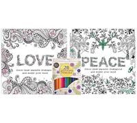 BG 2939S Colouring Therapy Anti-Stress Therapeutic Square Adult Colouring Books Love & Peace - Set of 2 + 20 Colour Pencils