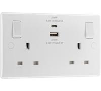 BG Electrical Double Switched Power Wall Plug Socket with Fast Charge Type A and C USB Charging Ports, Round Edge, Nexus 800 Series, White Moulded, 13A, 22W, 822UAC22