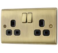 Bg Antique Brass Double 13A Switched Socket & Black Inserts
