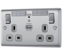 Bg Brushed Steel 13A Raised Slim Double Wifi Extender Socket With Usb