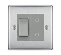 BG Brushed Steel 2 Gang Custom Switch 1x 2 Way Switch 1x Master Touch Dimmer Grey Inserts