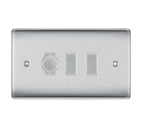 BG Brushed Steel 3 Gang Switch 1x Trailing Edge LED Dimmer 2x 2 Way Custom Grid