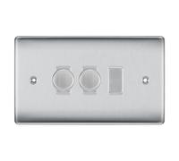 BG Brushed Steel 3 Gang Switch 2x Trailing Edge LED Dimmer 1x 2 Way Custom Grid