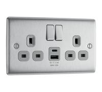 BG NBS22UAC12G Nexus Metal 13A Double Switched Power Socket + USB A+C (12W) - Brushed Steel + Grey Insert