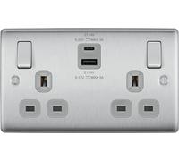 BG Brushed Steel Double Socket with USB 22W Type A & Type C USB NBS22UAC22G
