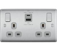 BG Brushed Steel Double Socket with USB 45W Type A & Type C USB NBS22UAC45G