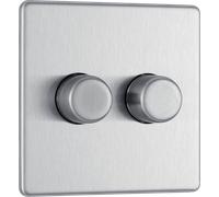 BG Screwless Flat Plate 2 Way Push On / Off 400W Double Dimmer Switch - Brushed Steel
