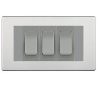 BG Brushed Steel Screwless 3G Switch 1x Intermediate 2X 2 Way Switch - Grey Insert