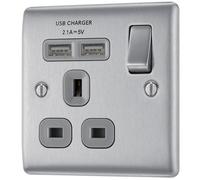 Bg Brushed Steel Single 13A Raised Slim Switched Screwed Socket With Usb, X2 & Grey Inserts