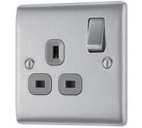 Bg Brushed Steel Single 13A Switched Socket & Grey Inserts