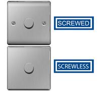 BG Screwless Flat Plate 2 Way Push On / Off 400W Single Dimmer Switch - Brushed Steel