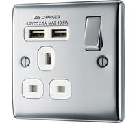Bg Chrome Single 13A Raised Slim Switched Screwed Socket With Usb, X2 & White Inserts