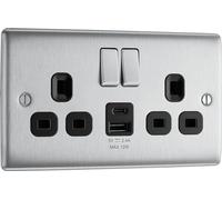 BG Electrical Double Switched Power Wall Plug Socket with Type A and Type C USB Charging Ports, Nexus Metal, Brushed Steel, Black Inserts, 13A, 12W, NBS22UAC12B