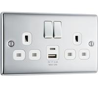 BG Electrical 12W Double Switched Power Wall Plug Socket with Type A and Type C USB Charging Ports, Nexus Metal, Polished Chrome, 13A, NPC22UAC12W