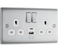 BG Electrical 12W Double Switched Power Wall Plug Socket with Type A and Type C USB Charging Ports, Nexus Metal, Brushed Steel, White Inserts, 13A, NBS22UAC12W