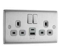 BG NBS22UAC12G Nexus Metal 13A Double Switched Power Socket + USB A+C (12W) - Brushed Steel + Grey Insert