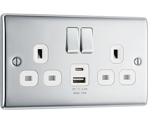 BG Electrical 12W Double Switched Power Wall Plug Socket with Type A and Type C USB Charging Ports, Nexus Metal, Polished Chrome, 13A, NPC22UAC12W