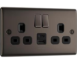 BG Electrical 12W Double Switched Power Wall Plug Socket with USB A and USB C Charging Ports, Nexus Metal, Black Nickel, 13A, NBN22UAC12B