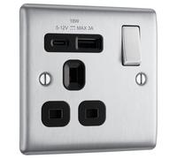 BG Electrical 18W Single Switched Power Plug Wall Socket with Type A USB and Type C USB Charging Ports, Fast Charge, Round Edges, Nexus Metal, Brushed Steel, Black Inserts, 13A, NBS21UAC18B