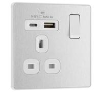 BG Electrical 18W Single Switched Power Plug Wall Socket with Type A USB and Type C USB Charging Ports, Fast Charge, Screwless Front Plate, Evolve, Brushed Steel, 13A, PCDBS21UAC18W