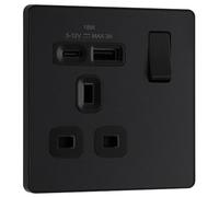 BG Electrical Single Switched Power Plug Wall Socket with Type A USB and Type C USB Charging Ports, Fast Charge, Screwless Front Plate, Evolve, Matt Black, 13A, 18W, PCDMB21UAC18B