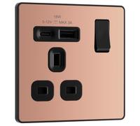 BG Electrical 18W Single Switched Power Plug Wall Socket with Type A USB and Type C USB Charging Ports, Fast Charge, Screwless Front Plate, Evolve, Polished Copper, 13A, PCDCP21UAC18B