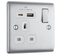 BG Electrical Single Switched Power Plug Wall Socket with Type A USB and Type C USB Charging Ports, Fast Charge, Round Edges, Nexus Metal, Brushed Steel, White Inserts, 13A, 18W, NBS21UAC18W