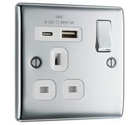 BG NPC21UAC18W Nexus Metal 13A Single Switched Power Socket + USB C (18W) - Polished Chrome + White Insert