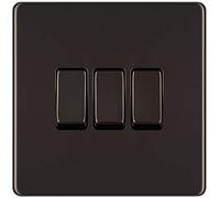BG Electrical 2 x Screwless Flat Plate Triple Light Switch, Black Nickel, 2-Way, 10AX