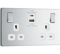 BG Electrical 22W Double Switched Power Wall Plug Socket with Fast Charge Type A and C USB Ports, Screwless, Flatplate, Polished Chrome, White Inserts, 13A, FPC22UAC22W