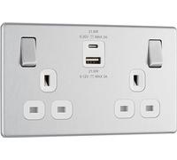 BG Electrical Double Switched Power Wall Plug Socket with Fast Charge Type A and C USB Ports, Screwless, Flatplate, Brushed Steel, White Inserts, 13A, 22W, FBS22UAC22W