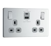BG Electrical Double Switched Power Wall Plug Socket with Fast Charge Type A and C USB Ports, Screwless, Flatplate, Polished Chrome, Grey Inserts, 13A, 22W, FPC22UAC22G